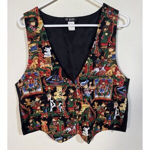 VTG 111 Main Christmas Novelty Vest Black Santas Workshop Elves Toys Large